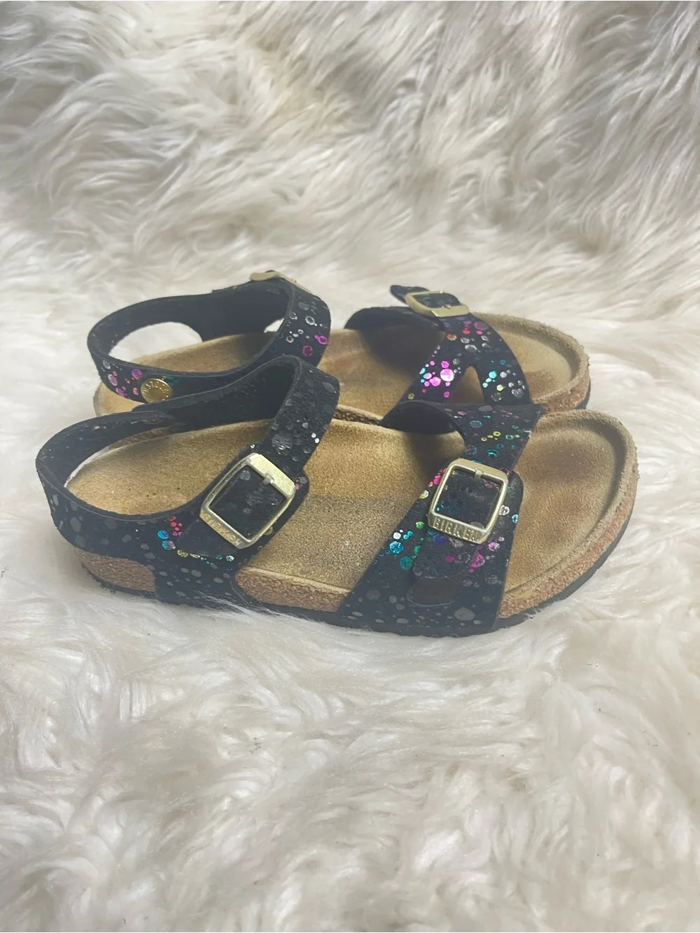 Birkenstock Rio Girls Black Glitter confetti Buckle Sandals USSZ12